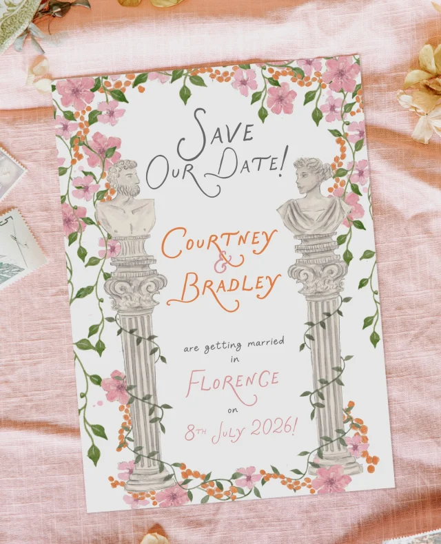 What if your wedding colour inspiration didn’t come from a Pinterest trend, but from a feeling? ⁠
⁠
When stationery artist Kirsty from @forkeepsillustration began designing for a couple marrying in Florence, they instinctively chose blush pink. But as their story unfolded, something shifted. Blush stayed, but it was joined by the perfect burnt orange. Emotional, personal, unforgettable.⁠
⁠
Because the best wedding palettes? They start with you. Not what’s trending.⁠
⁠
Tap the link in our bio to read Kirsty’s beautiful piece on Polka Dot Wisdom. ⁠
⁠
[Image description: A romantic Save the Date card is styled flat-lay on a soft pink fabric background with delicate dried florals and vintage postage stamps around the edges. The card features classical busts on ornate columns, entwined with hand-illustrated vines, blush pink flowers, and pops of orange berries. At the top, whimsical script reads “Save Our Date!” followed by the couple’s names, Courtney & Bradley, in playful orange and pink calligraphy. The card announces their wedding in Florence on July 8, 2026. In a mix of elegant serif and handwritten fonts, giving the entire design a timeless yet joyful, painterly feel.]⁠
⁠
#PolkaDotWedding #FeelGoodWeddings #AustralianWeddings #AustralianWedding #PolkaDotWisdom #WeddingPro #WeddingVendor #WeddingStationery #WeddingPalette #ModernRomance #WeddingDesign #WeddingInvitation #ThePinkIssue #PinkWedding #PinkWeddingDress #PinkWeddings #PinkWeddingGown #PinkBridalGown #PinkWeddingDecor #PinkBridesmaidsDress #PinkBouquet