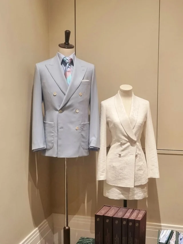 Looking for an old world tailoring experience for your wedding entourage? This one comes complete with Champagne, whisky and a guided journey through the fabrics, cuffs and collars that suit you! Welcome to the - grand - new home of @institchu. Take a closer look around via out Story now.

[Image description: A pale blue men's suit jacket and shirt with a pastel tie next to it is a cream women's skirt suit. Image 2: a classic black and white tuxedo. Image 3: A cosy corner of two plush grey arm chairs in front if a wall of fashion photos. Image 4: A dark purple velvet suit jacket with bow tie. Image 5: a wall of suit fabrics in different colours and textures]